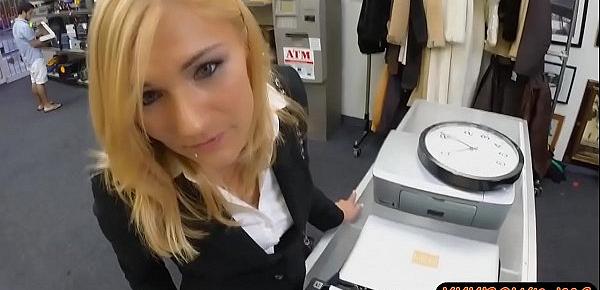 Blonde milf gets pounded by pawn man in storage room